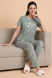 Zivame Breakfast Story Knit Cotton Pyjama Set - Iceberg Green — thumbnail 4